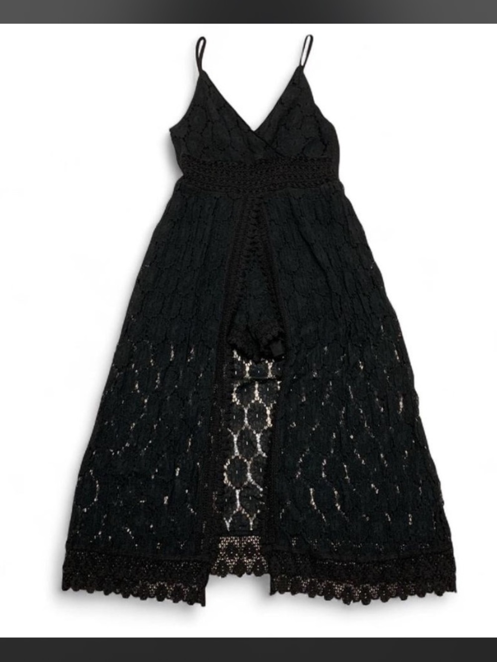 Black Lace Romper Maxi Dress Small Sleeveless Wrap Smocked Waist Sweetheart